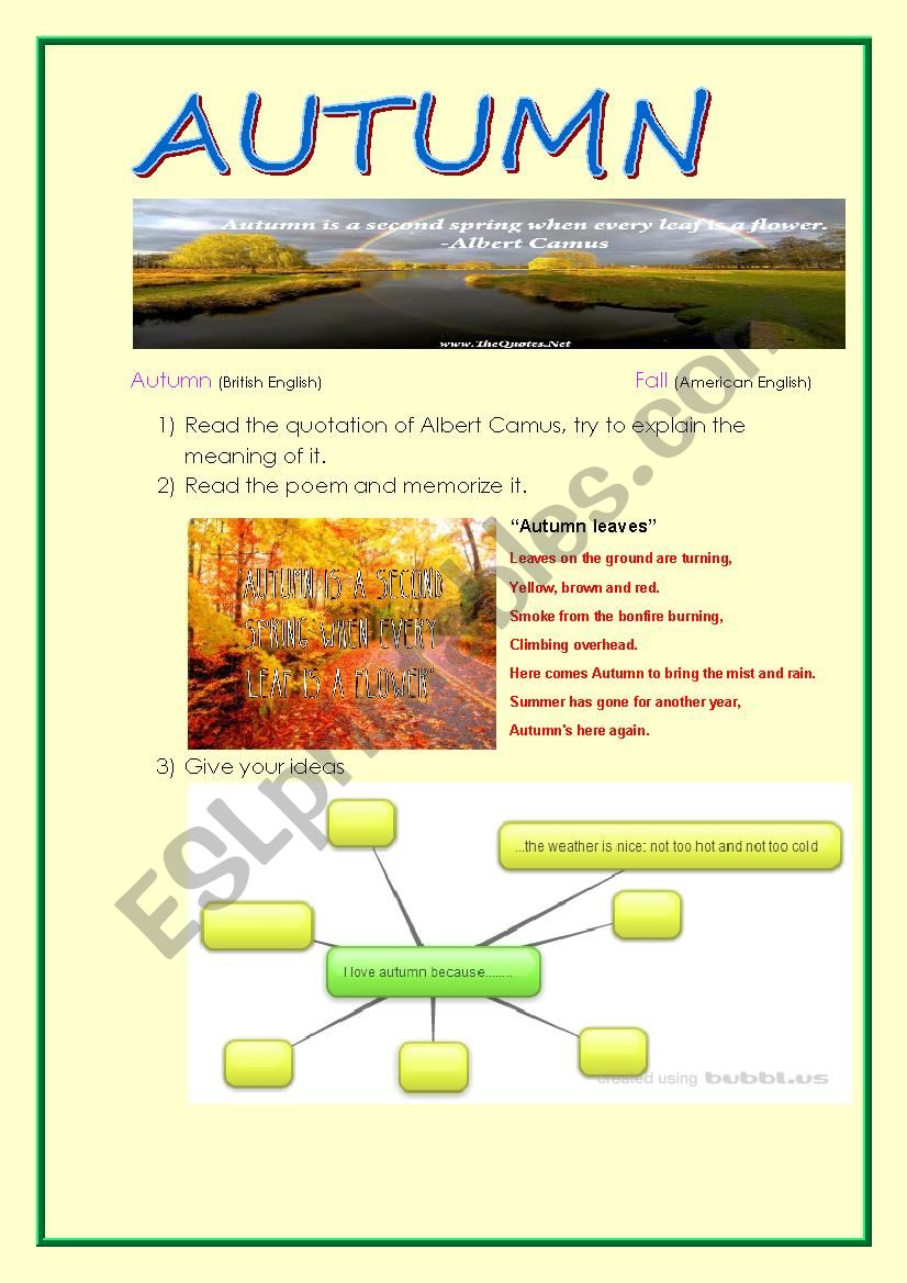 Autumn: mind map, poem, brainstorming