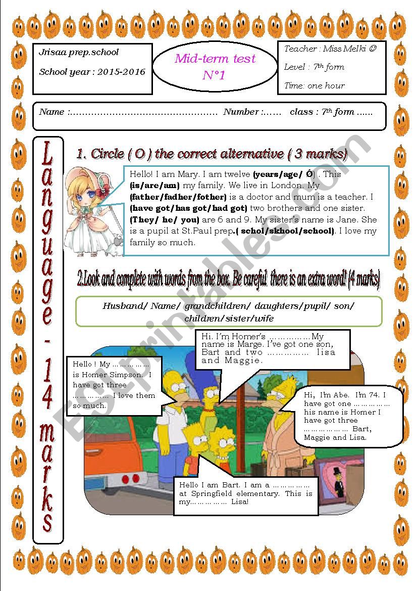 mid-term test n°1 7th form worksheet