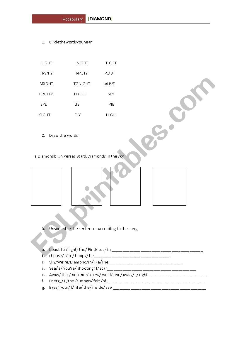 Diamonds - Rihanna worksheet