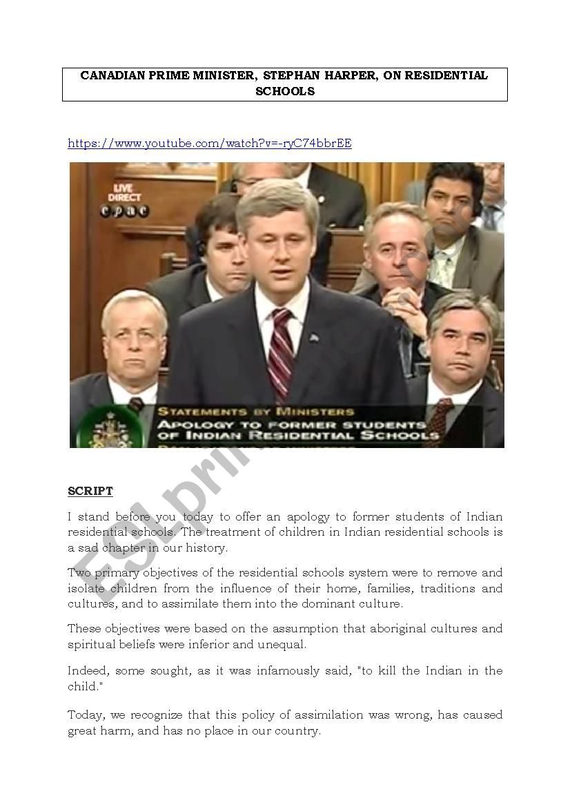 Canadian Prime Minister on Residential School => Aboriginal Canadians