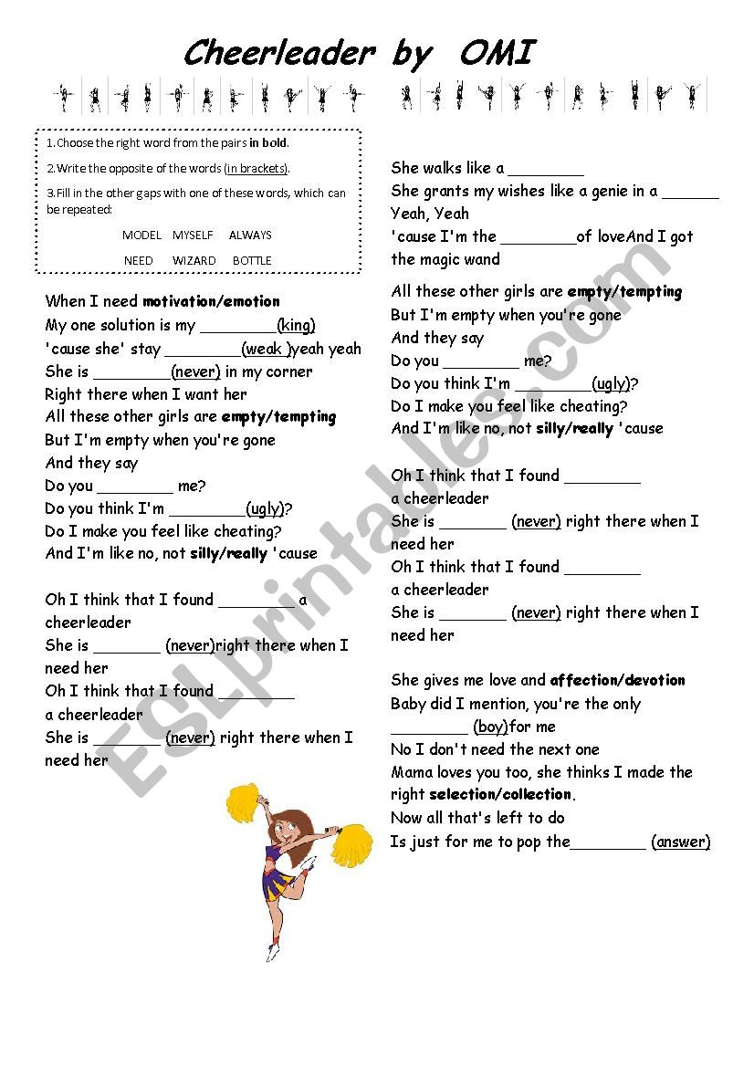 Cheerleader by OMI worksheet