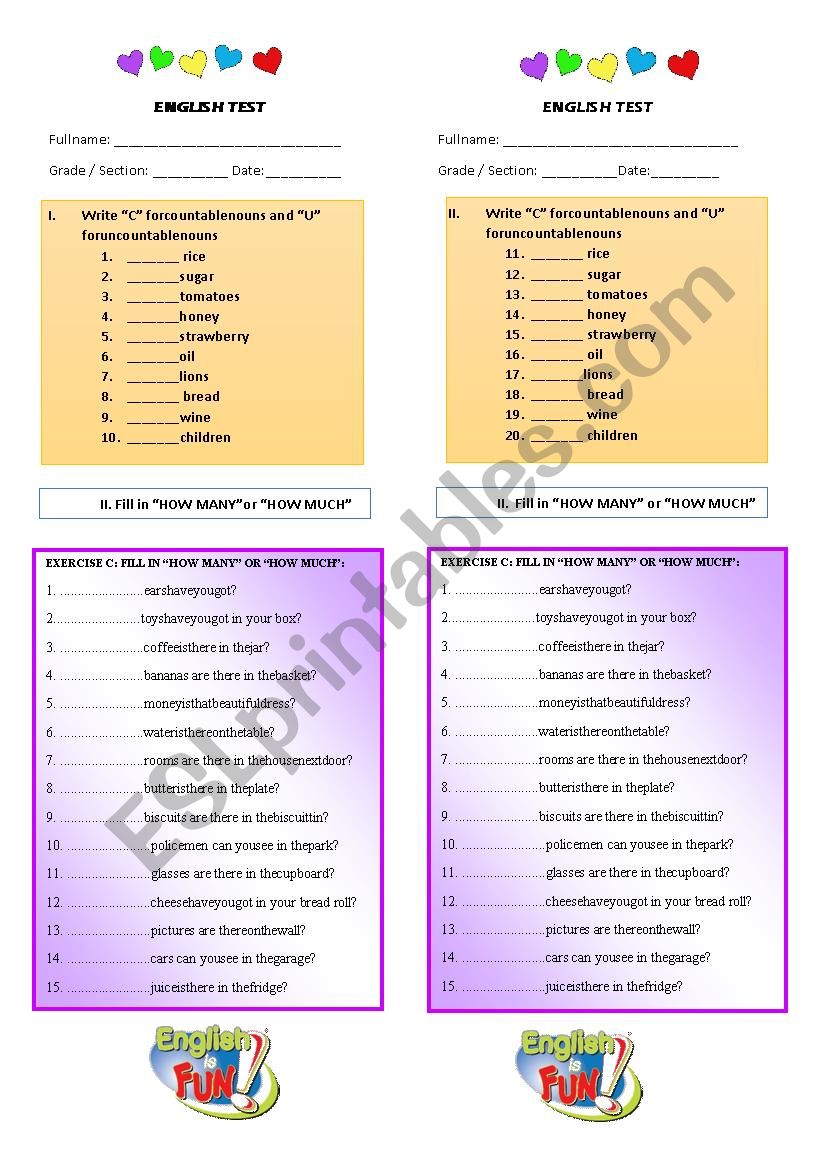 how much and how many  worksheet