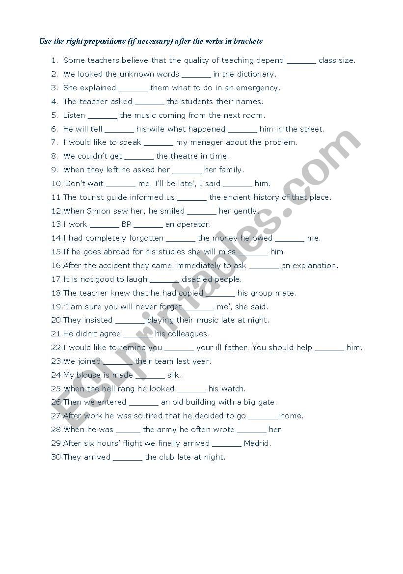 Prepositions after verbs worksheet