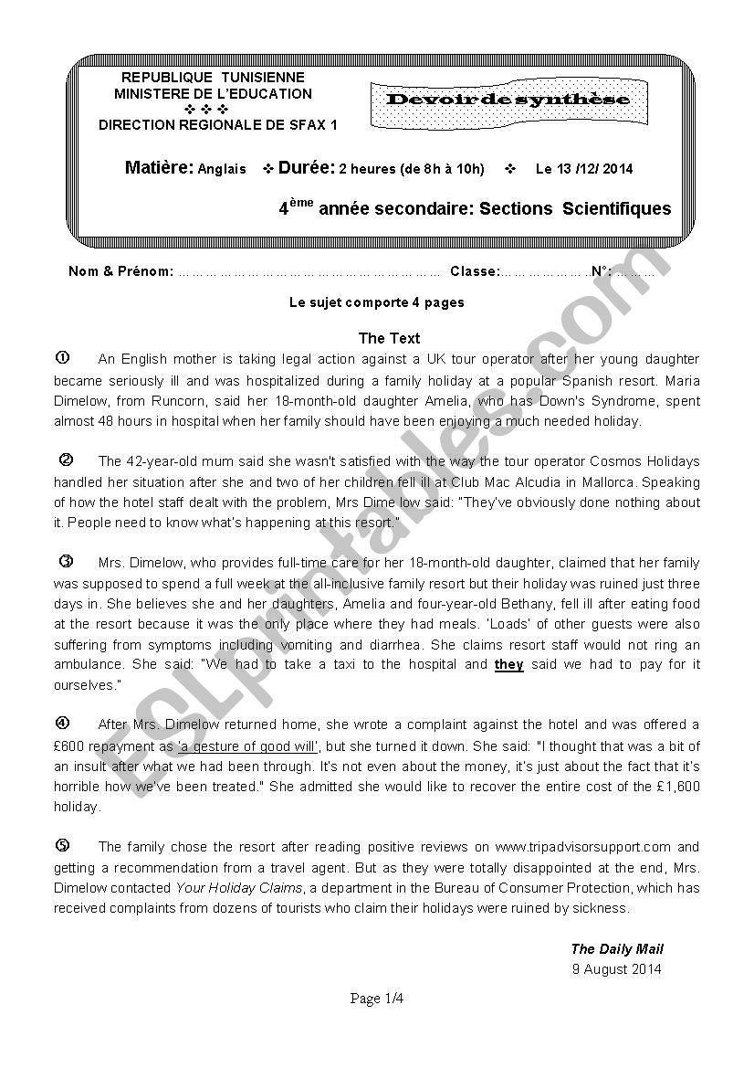 End - of - term test 1 - 4th forms - Scientific branches( Tunisian Students )