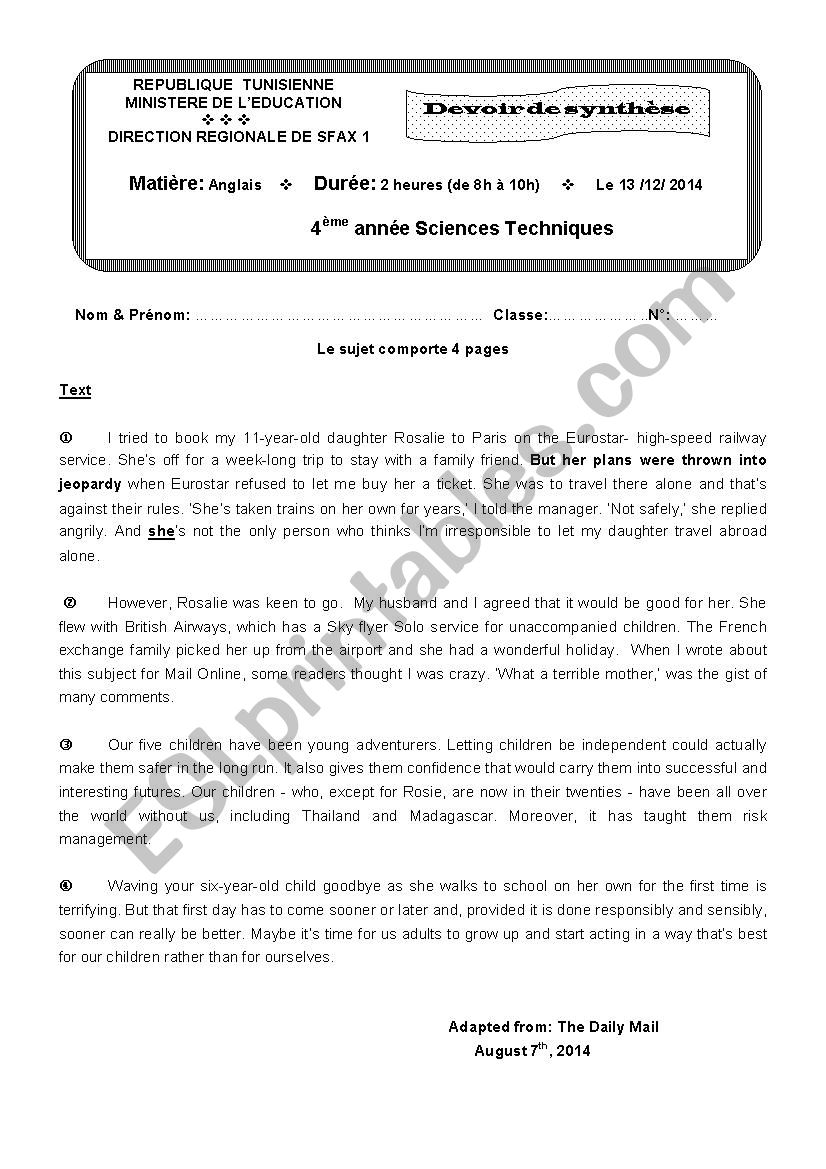 End - of - term test 1 -  4th forms - Technology ( Tunisian Schools )