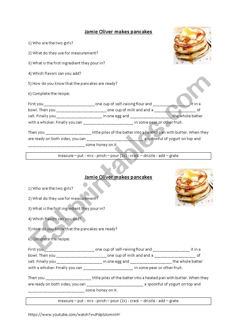 Jamie Oliver makes pancakes worksheet