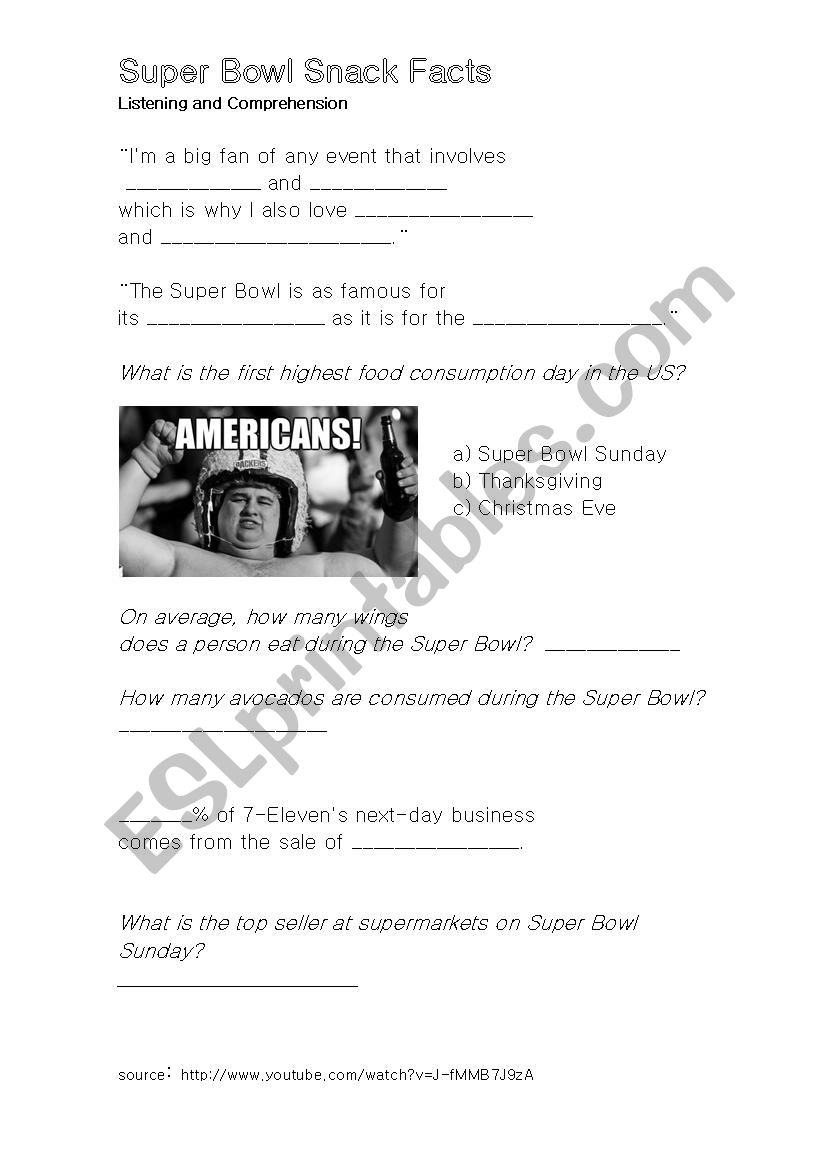 superbowl snack facts worksheet