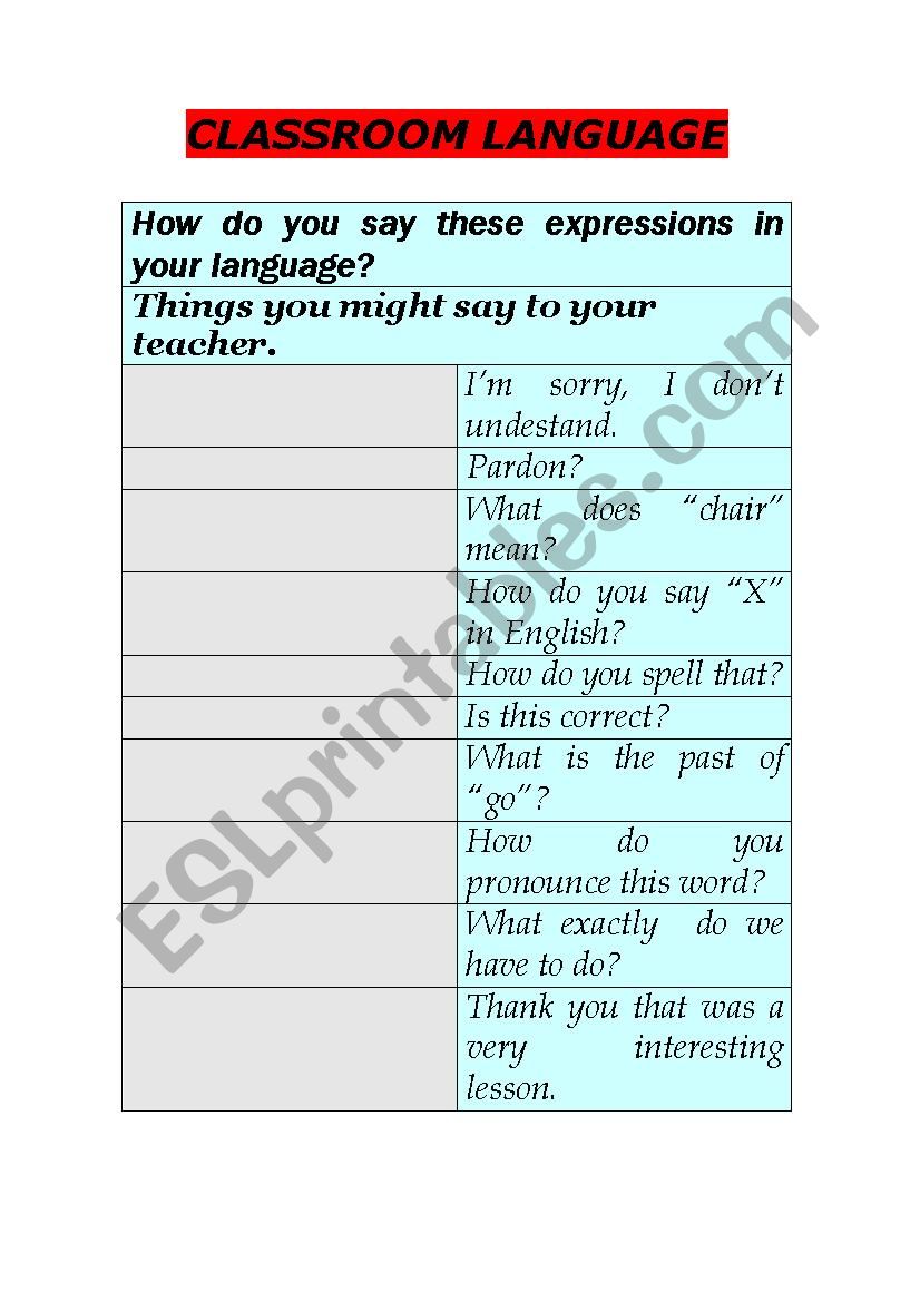 classroom language worksheet