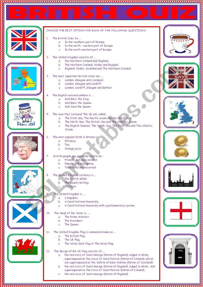 BRITISH QUIZ FOR TEENS worksheet