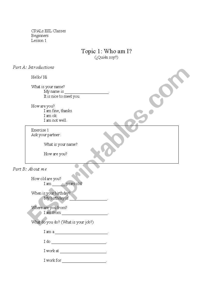 Introductory lesson worksheet