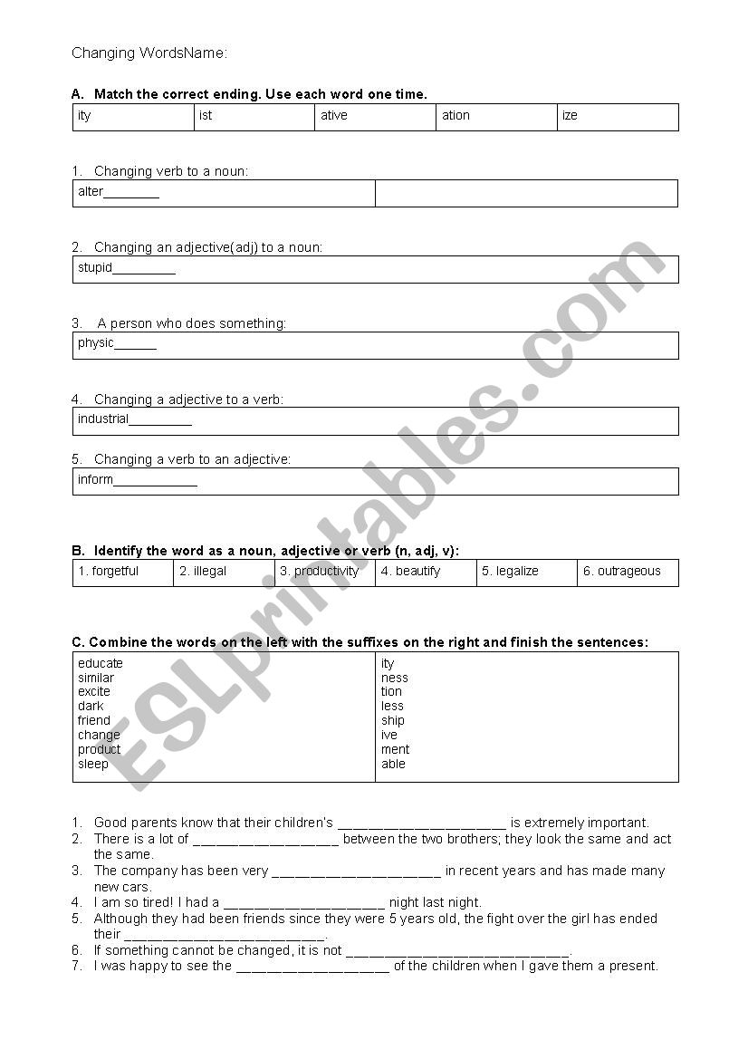 suffix practice/word forms worksheet