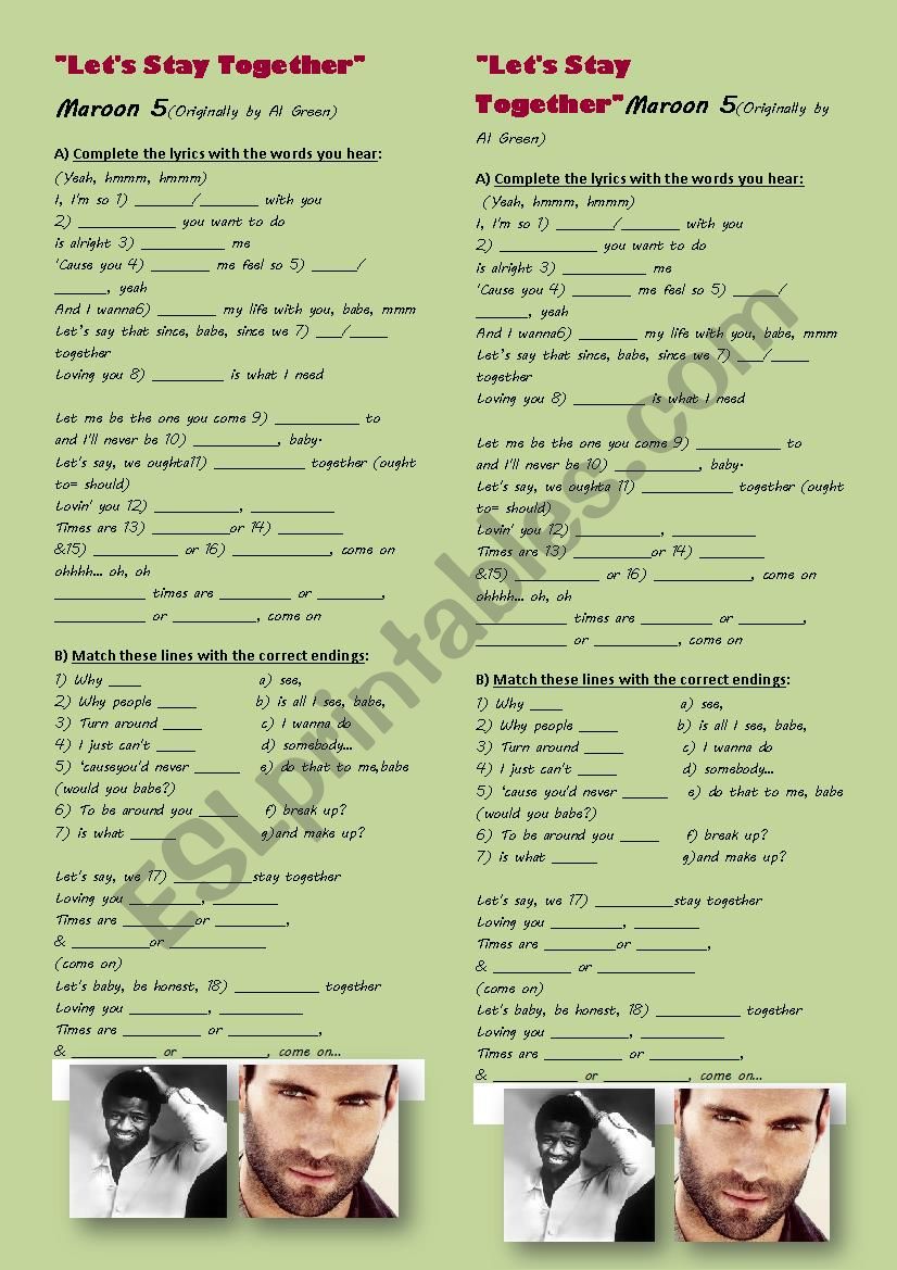 Lets stay together worksheet