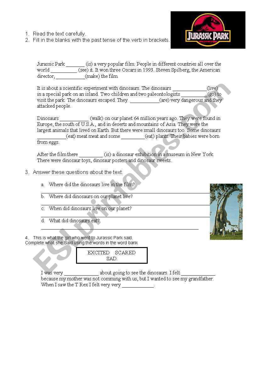 past simple- jurassic park worksheet