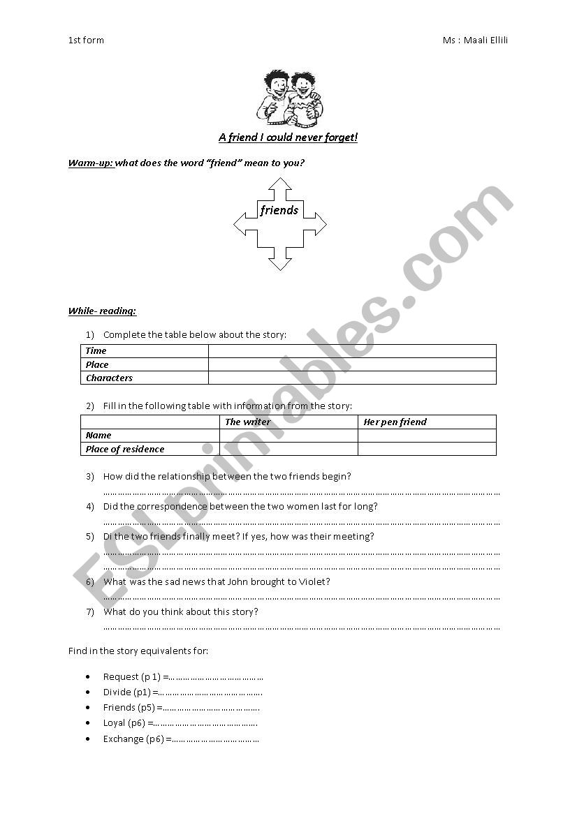 worksheet 1st form Tunisian schools ( lesson 19)