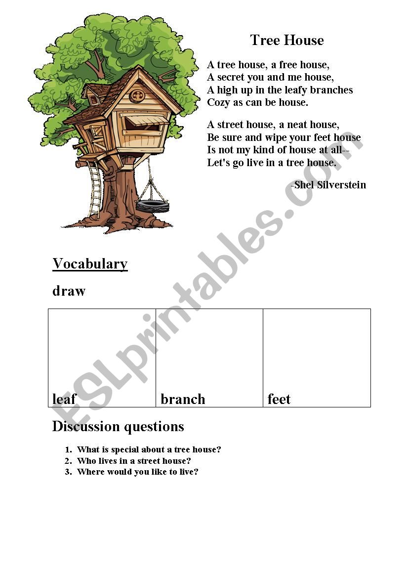 Tree house poem worksheet
