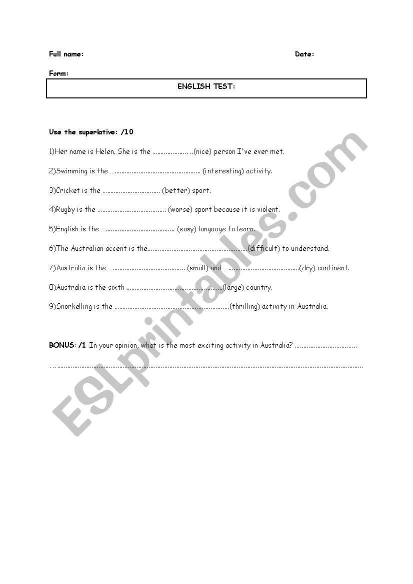 Test on the superlative  worksheet