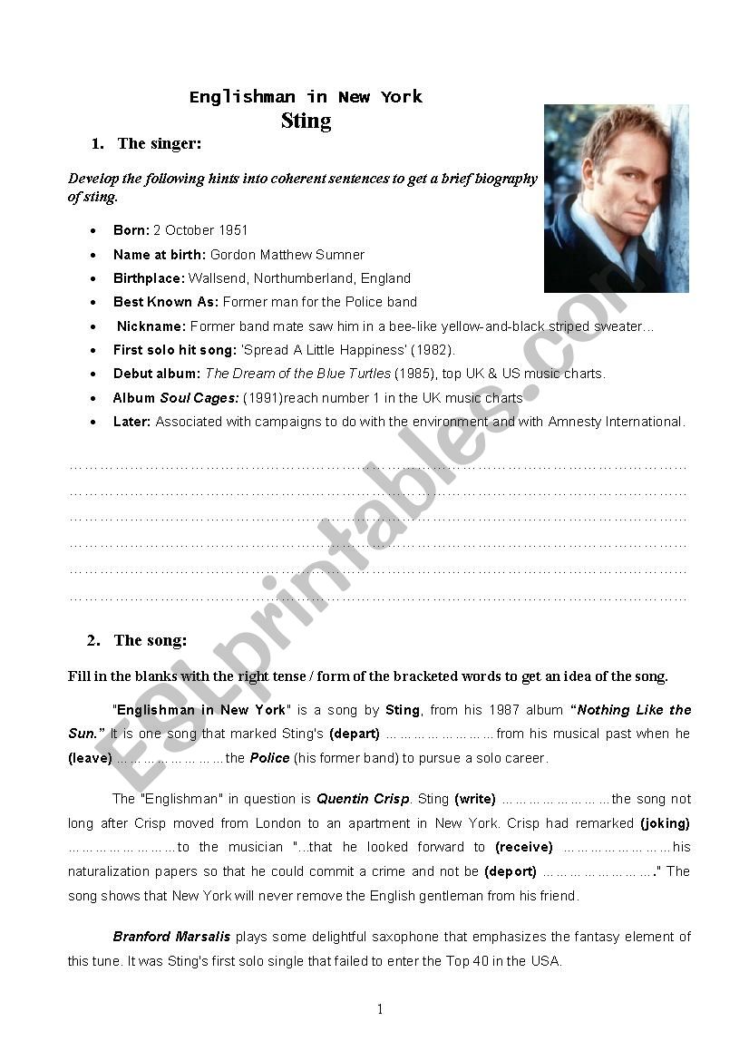 An Englishman in New York worksheet