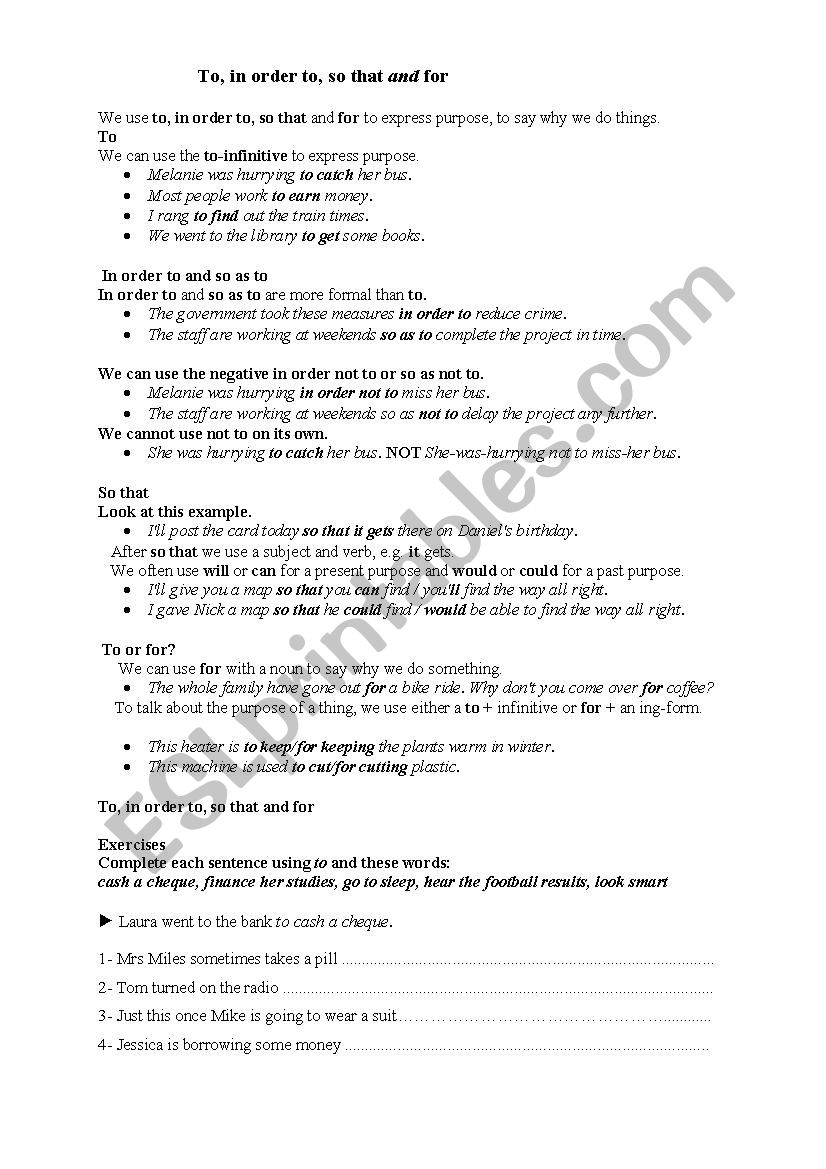Expressing purpose worksheet