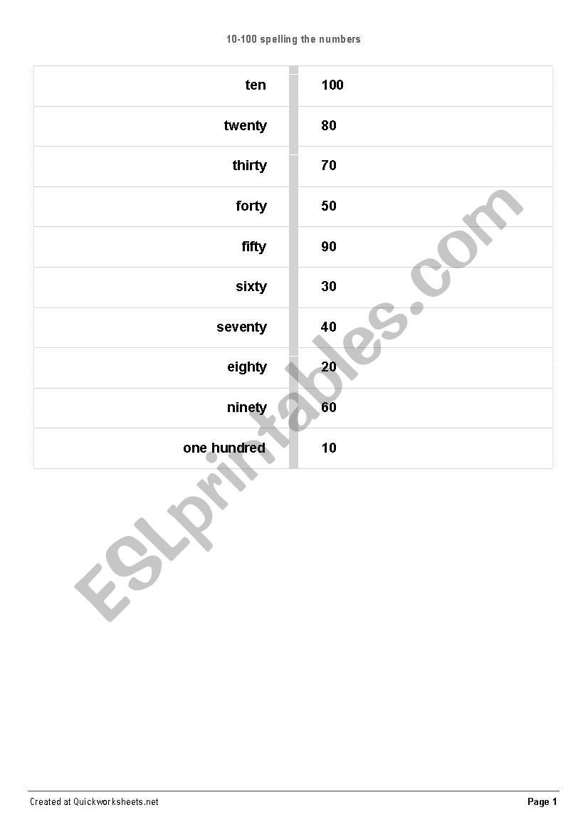 Match the numbers 10-100 worksheet