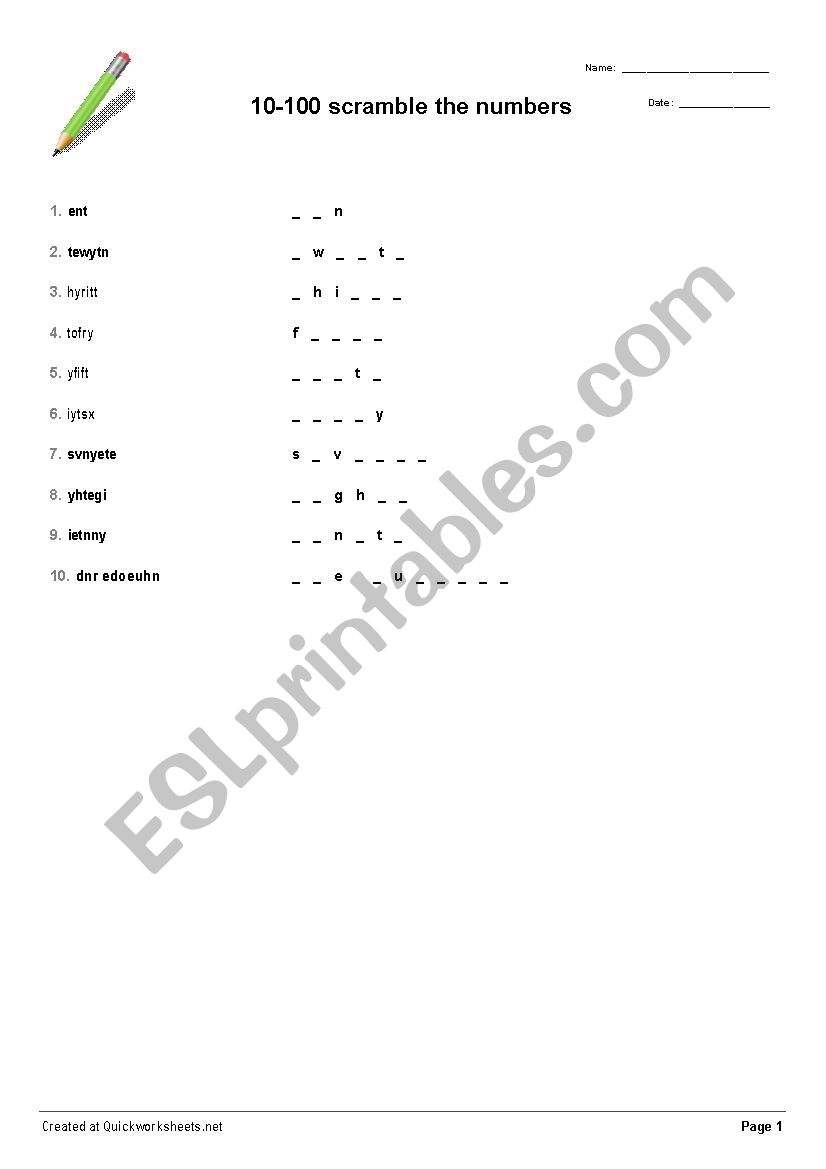 NumberScramble 10-100 worksheet