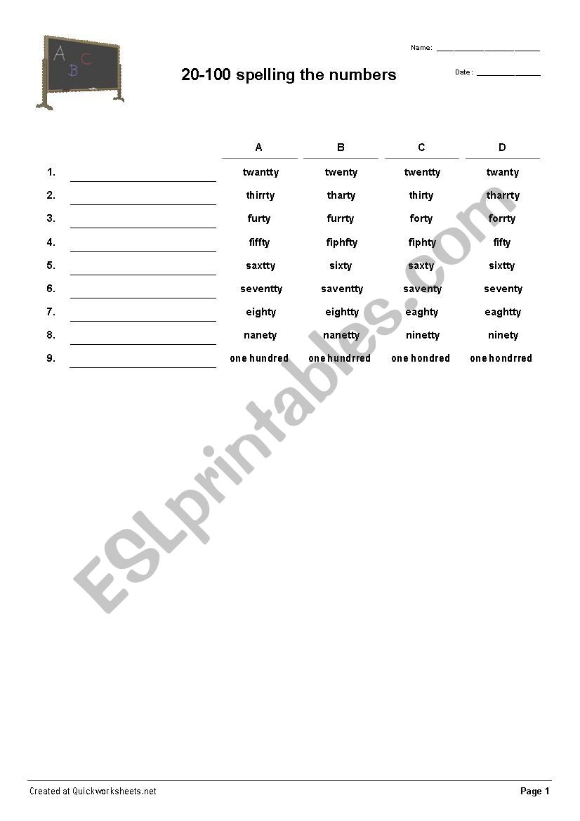 Spelling numbers 20-100 worksheet