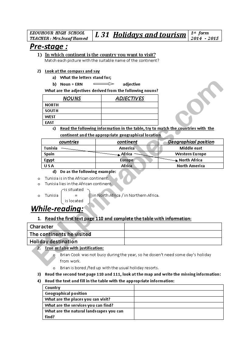 holidays and tourism worksheet