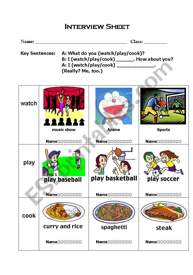 What do you watch/play/cook? worksheet