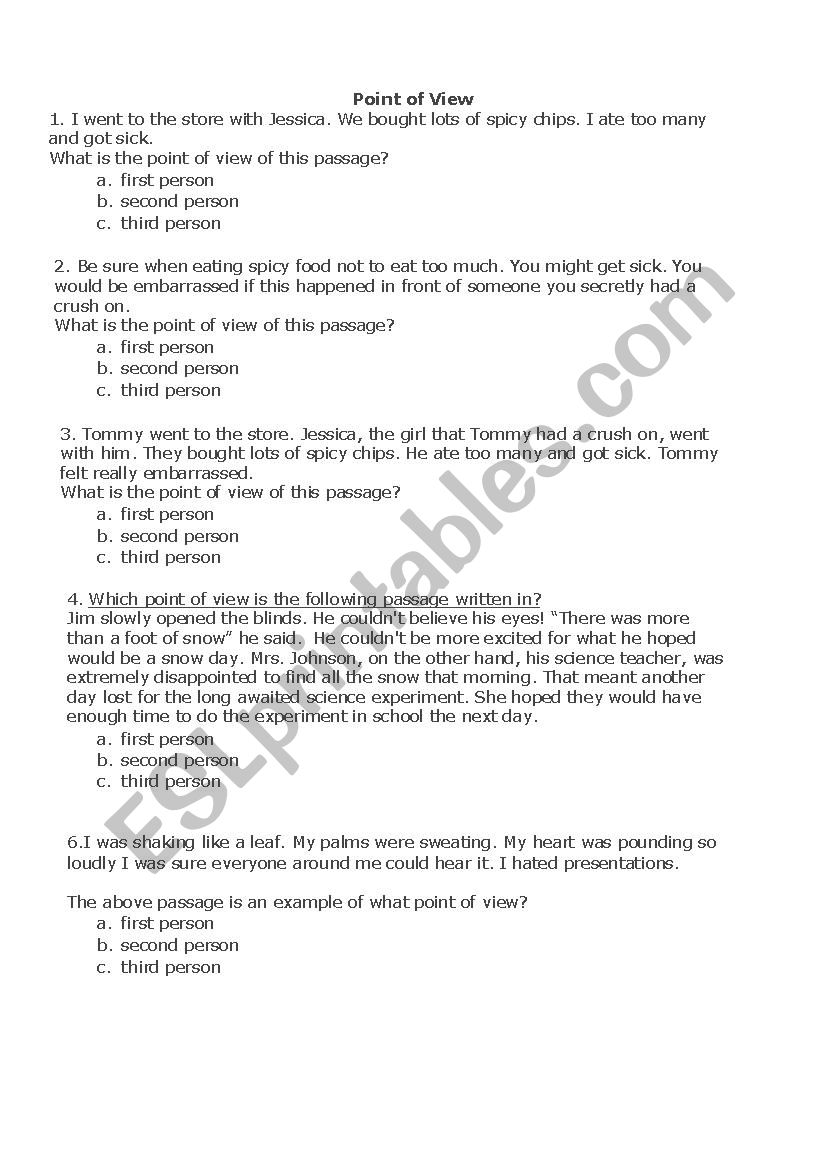 Point of View Worksheet worksheet