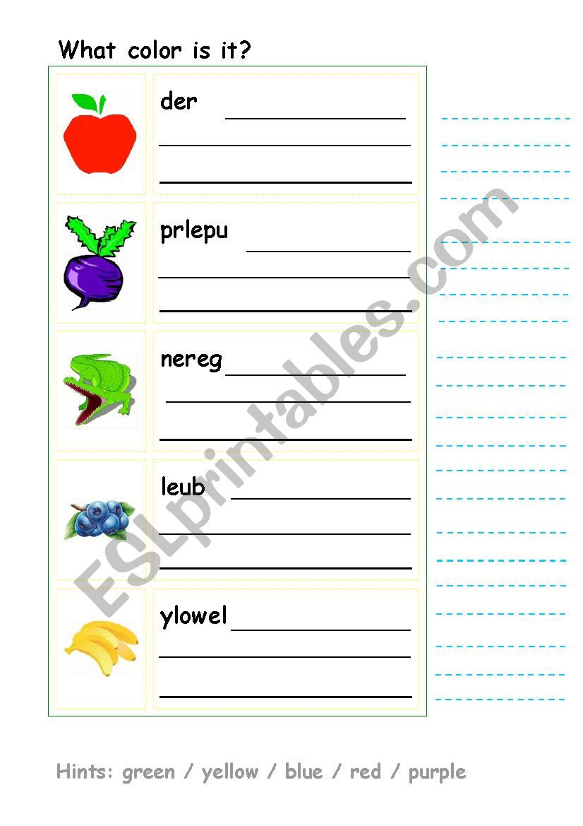 Unscramble the colors worksheet