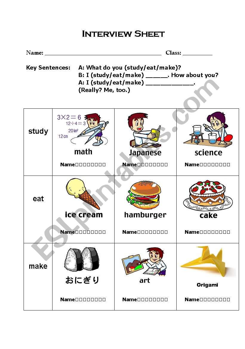 What do you study/eat/make? worksheet