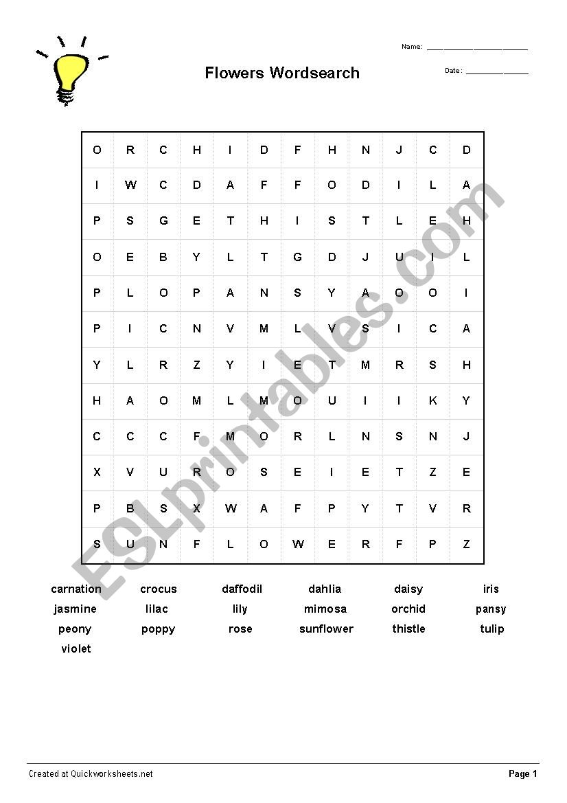 Flowers Word Search worksheet