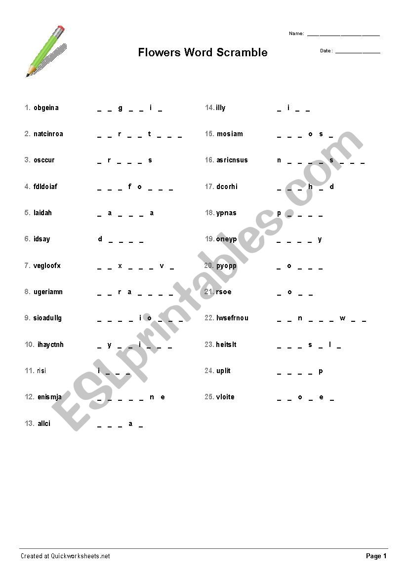 Flowers Word Scramble worksheet