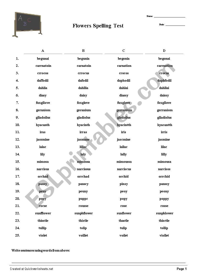 Flowers Spelling Test worksheet