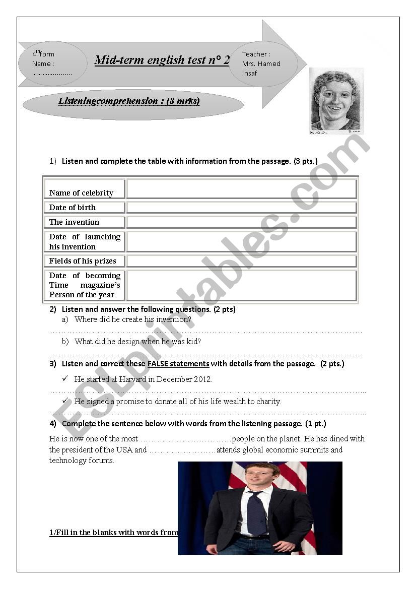 listening test 4th form arts worksheet