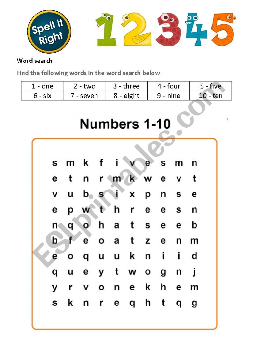 Numbers 1-10 Word Searcg worksheet