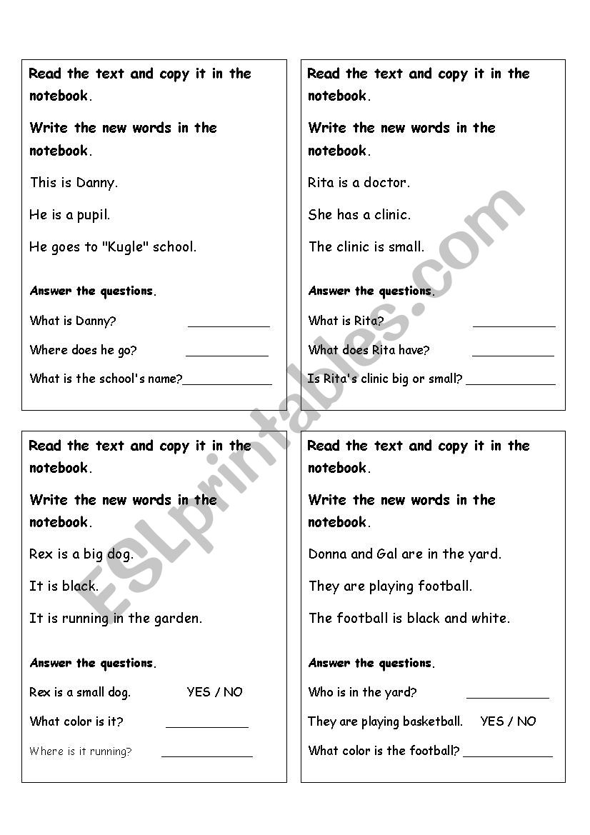 Reading Cards worksheet