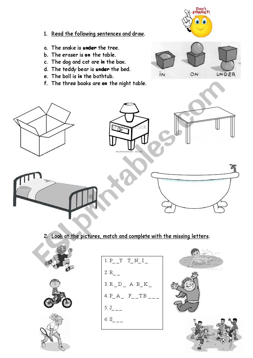 can/cant. prepositions in on under, description of people and house