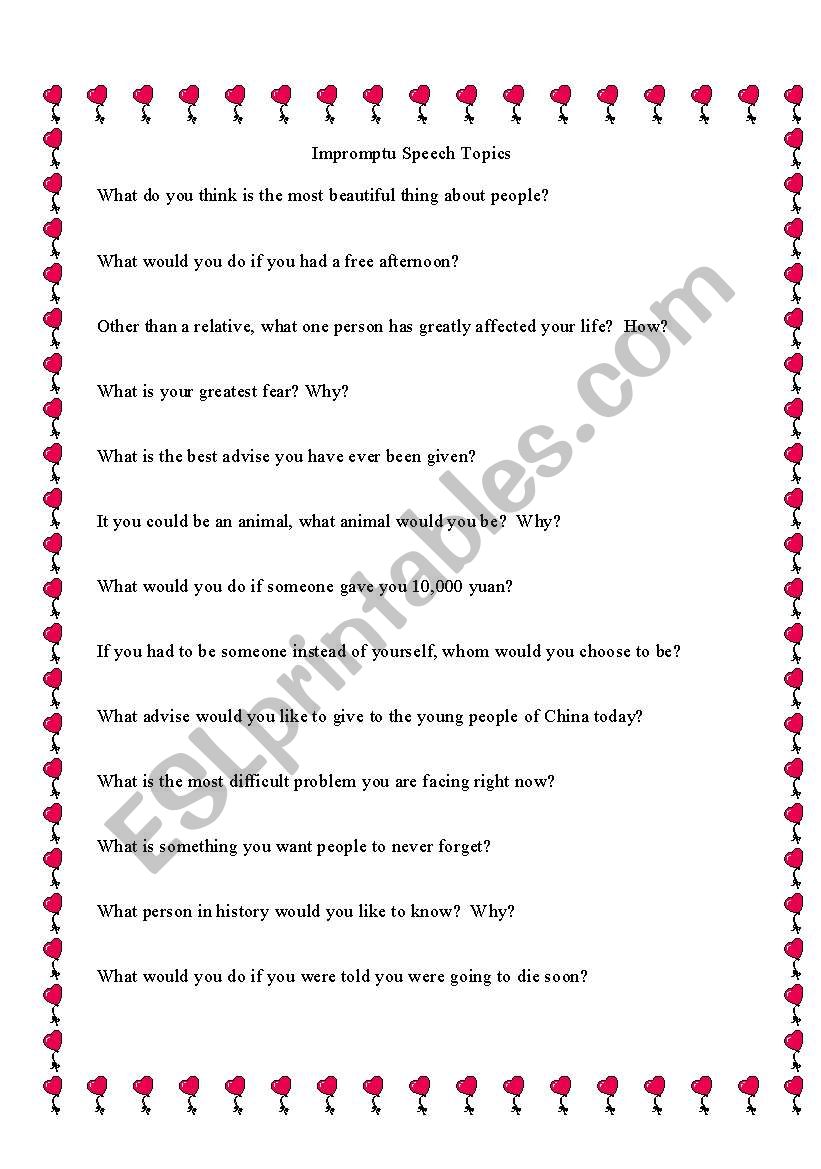 speech topics worksheet