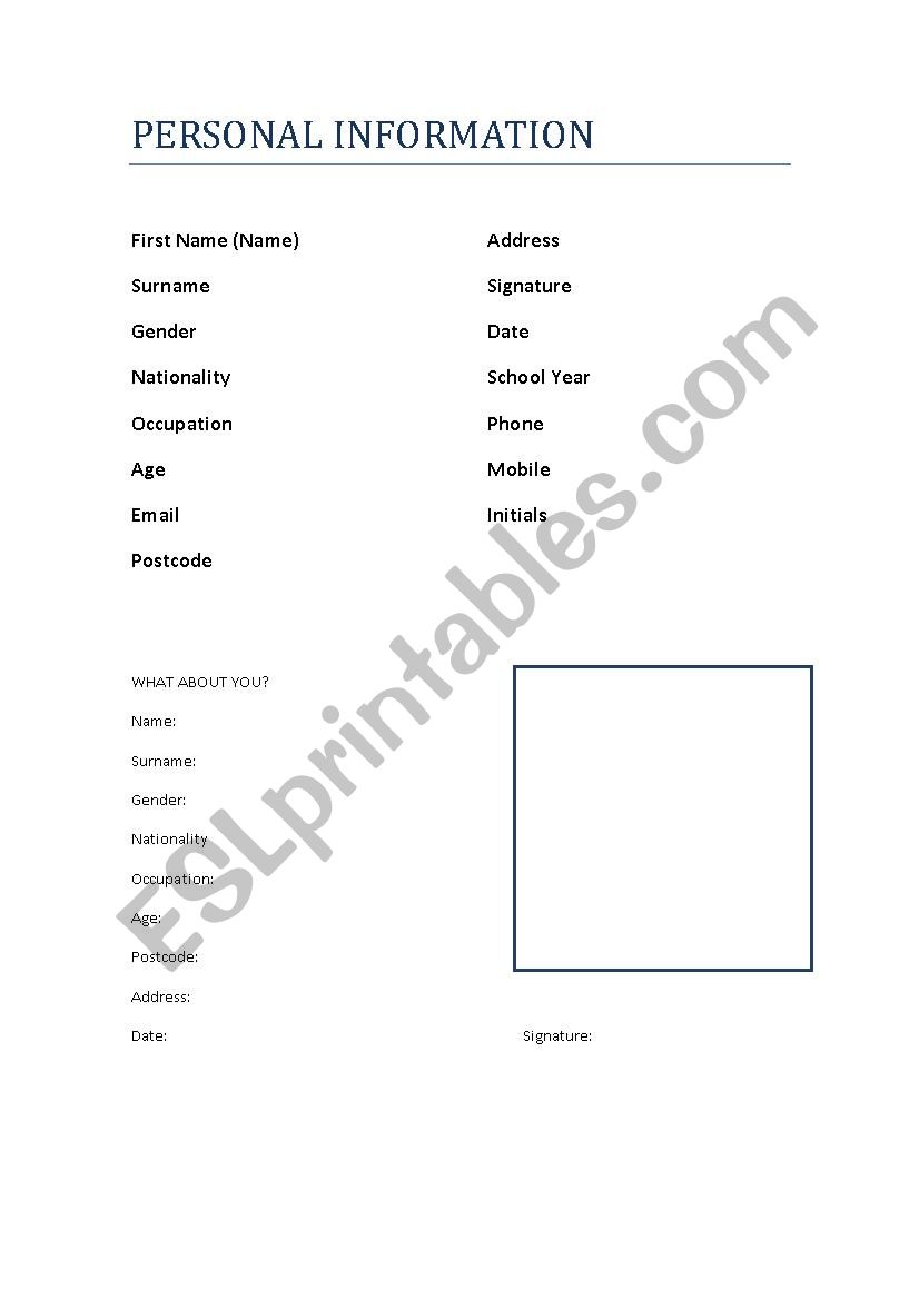 PERSONAL INFORMATION worksheet