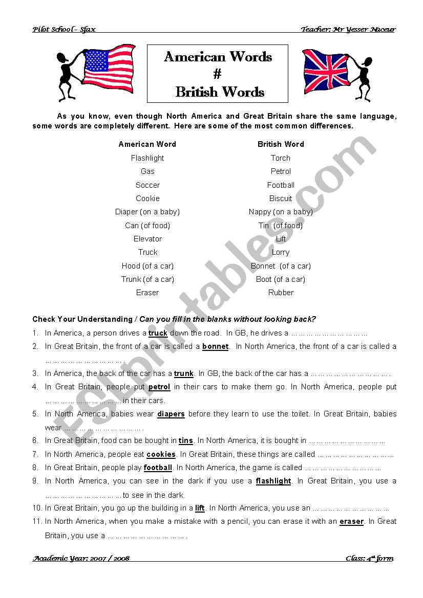 American Vs British Words worksheet