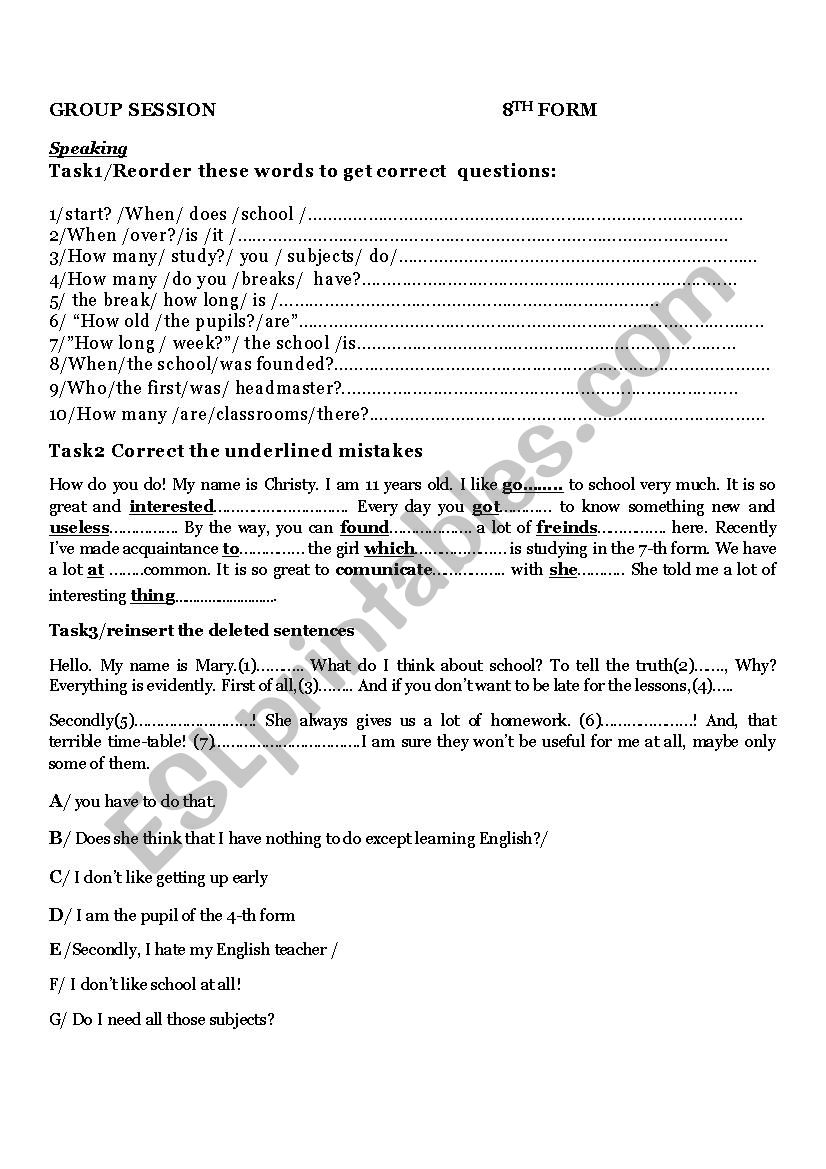 8 th group session worksheet