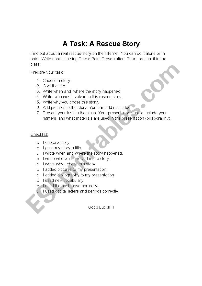 a rescue story task worksheet