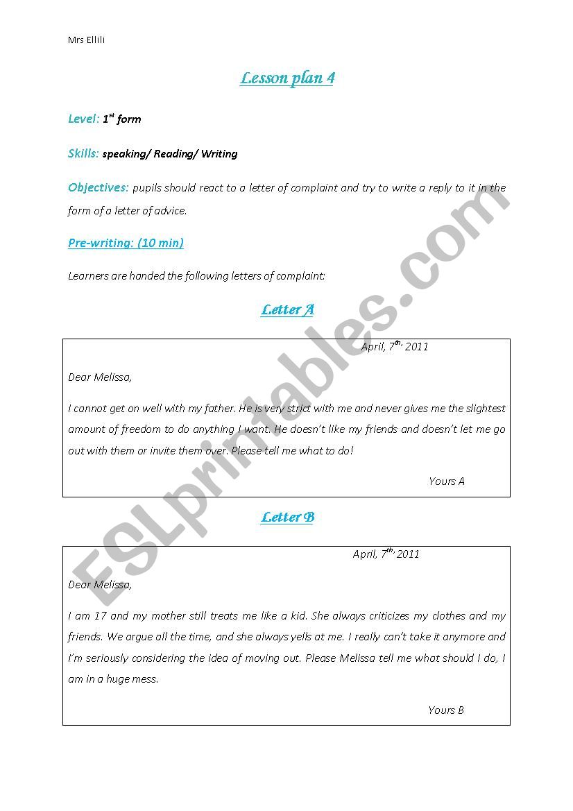 Writing lesson plan for 1st form tunisian schools 