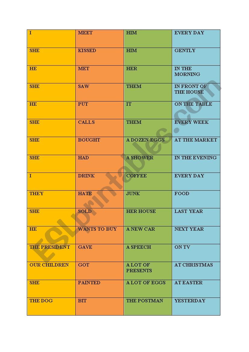 Cards to practise word order in English