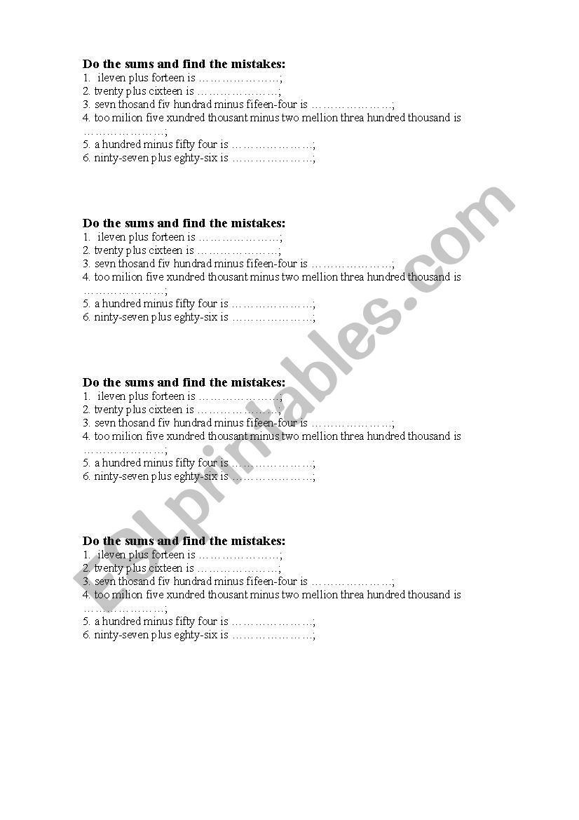 numbers worksheet