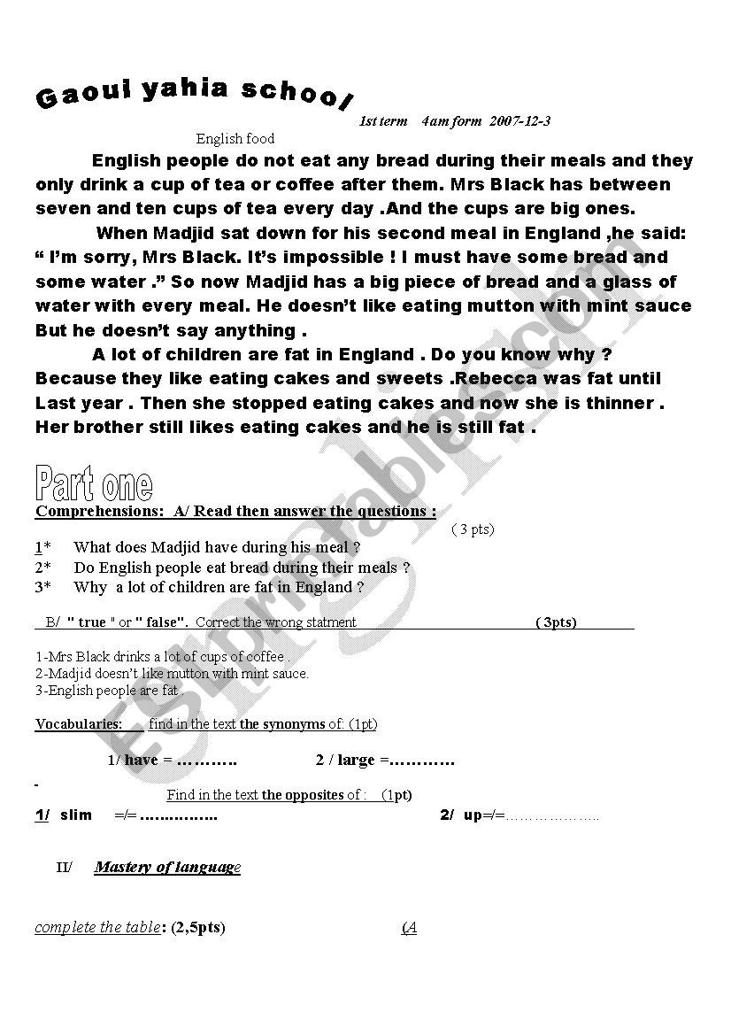 test for 4AM pupils  worksheet