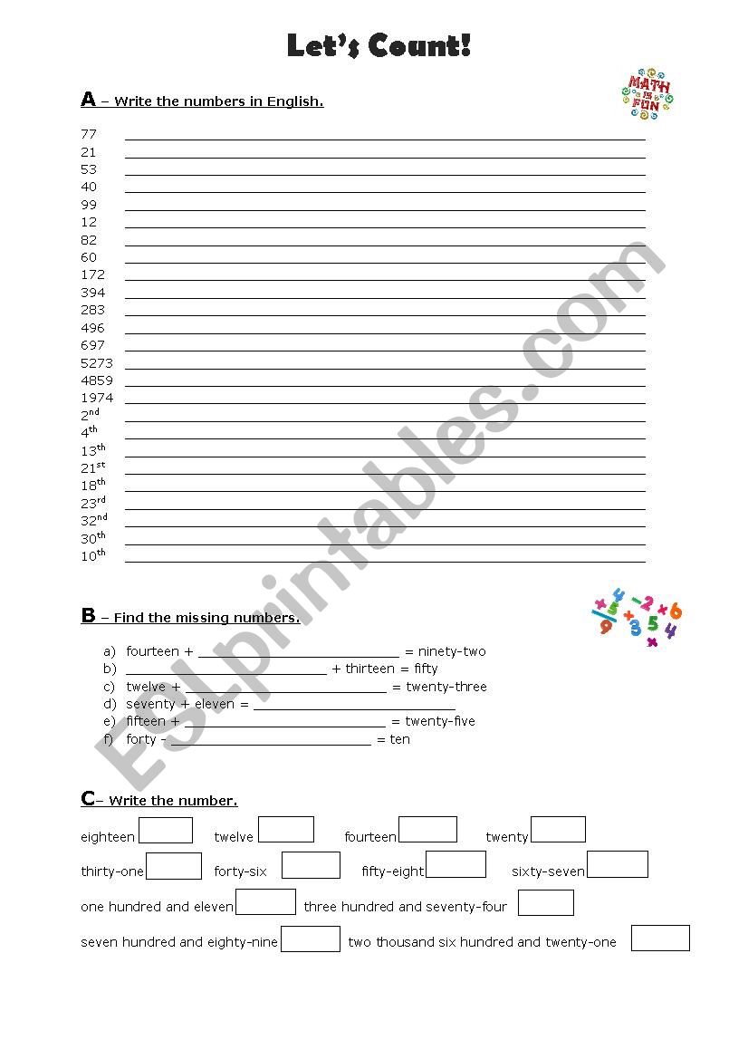 Numbers writing worksheet