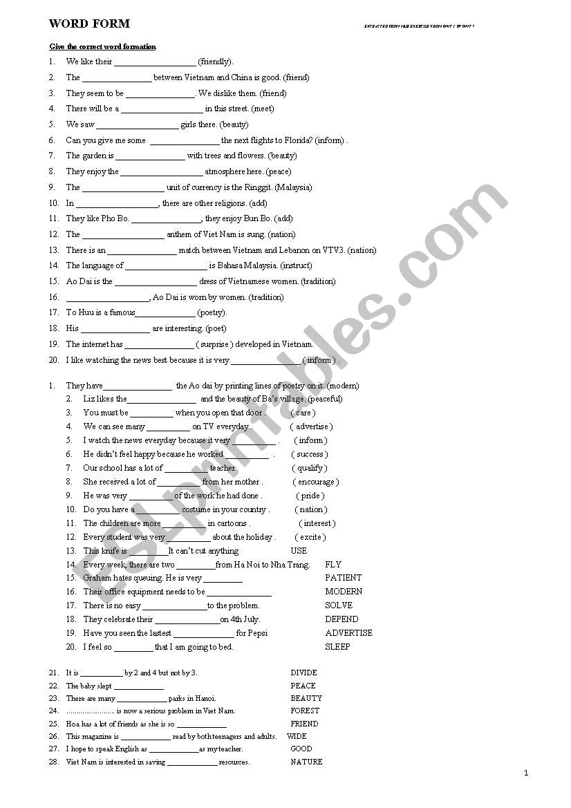 word form for immediate full  worksheet