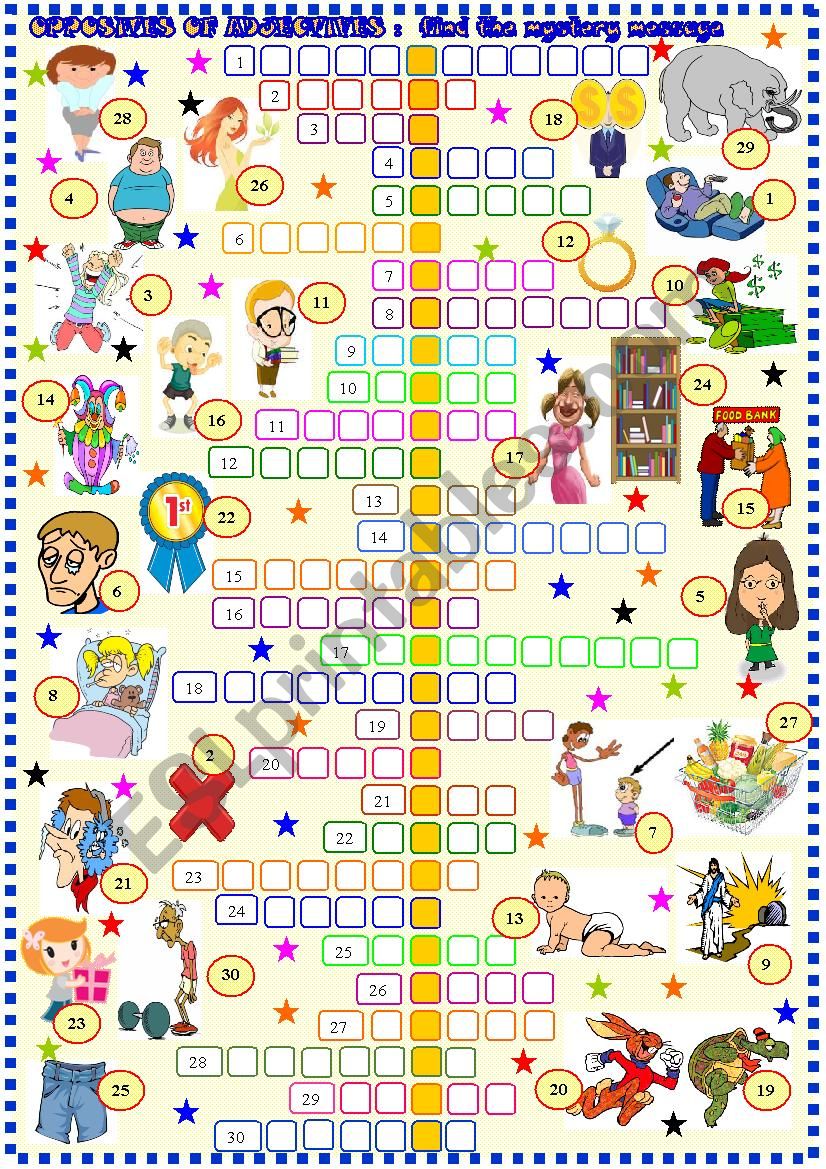 Opposites of adjectives : crosswords with KEY