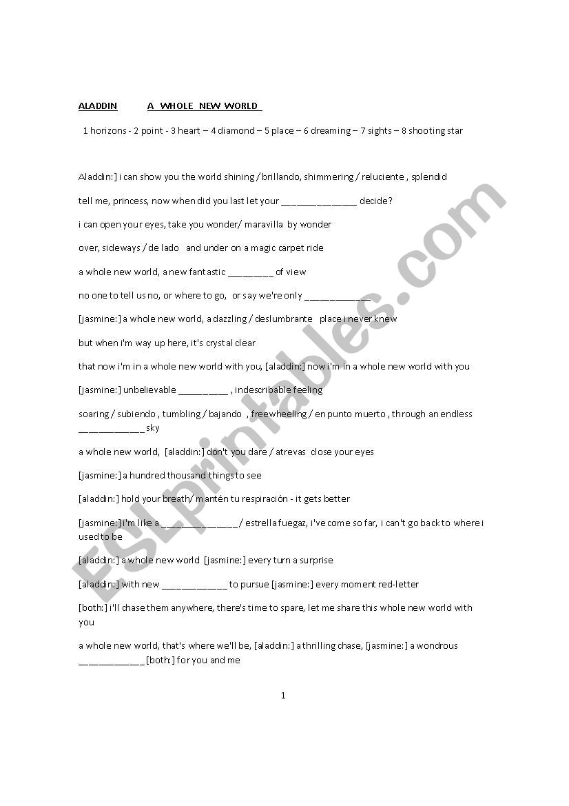 A whole new world - Aladdin worksheet